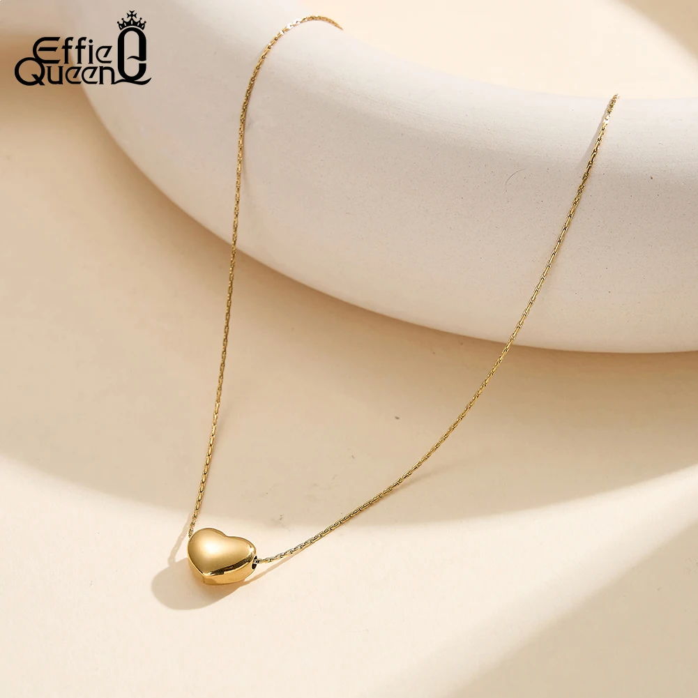 EFFIE QUEEN Sweet Cute Heart Pendant Necklace 18K Gold Plated 304 Stainless Steel Byzantine Chain Collar Dainty For Women STKN22