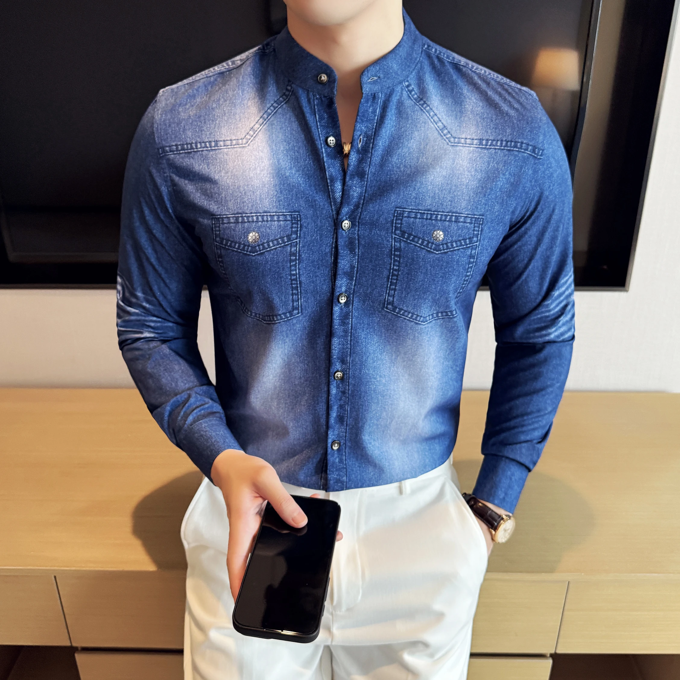 

Stand Collar Denim Men Shirts Korean Luxury Clothing Long Sleeve Men's Social Shirt Slim Fit Business Casual Blouse Homme 4XL-M