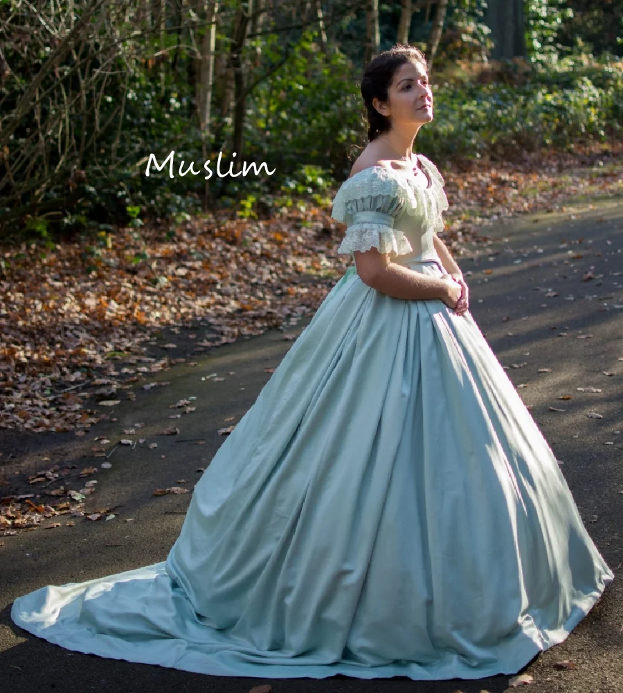 Historyczna europejska suknia balowa z lat 60. XIX wieku z koronką, linia A, satyna, kostium z XVIII wieku, suknia wieczorowa, karnawałowa, formalna, na przyjęcie, szyta na miarę.