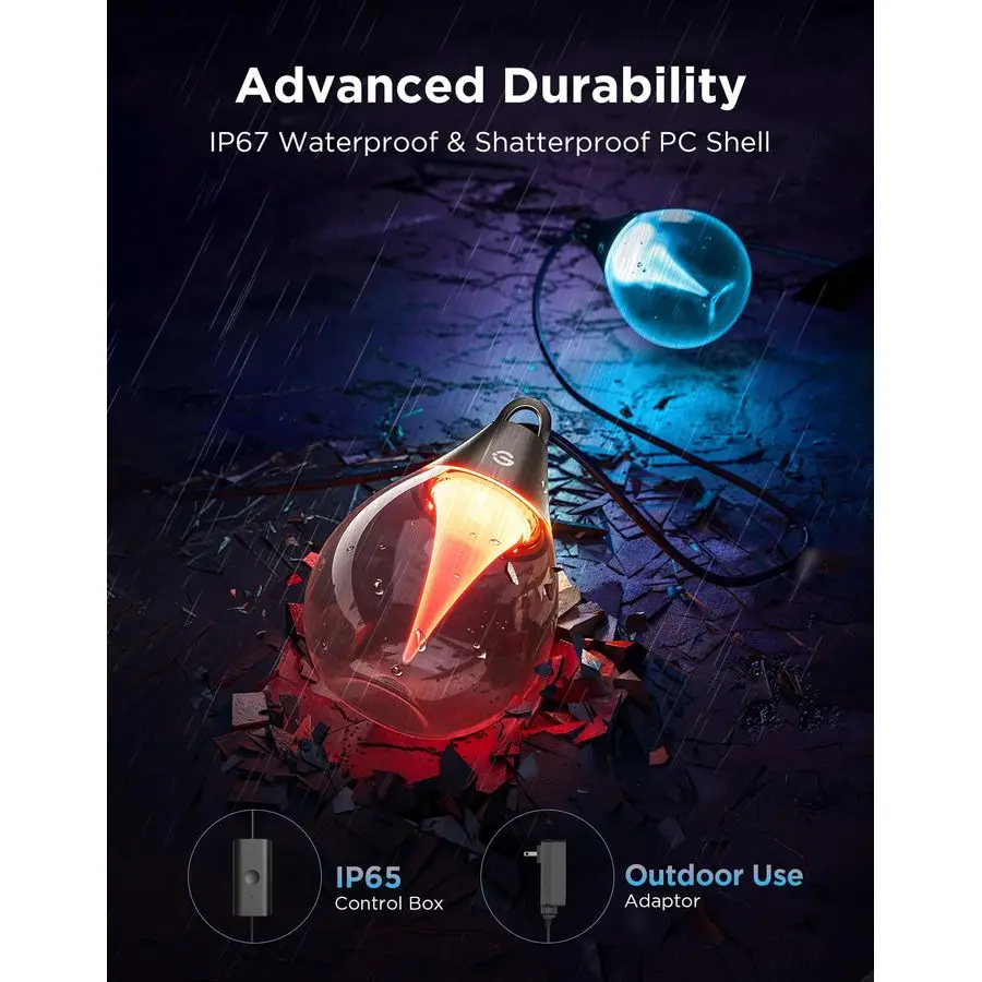 Outdoor Clear Bulb String Lights, 48ft RGBWIC Outdoor Lights with 15 Dimmable Warm White LED Bulbs, 111 Scene Modes for Patio, B