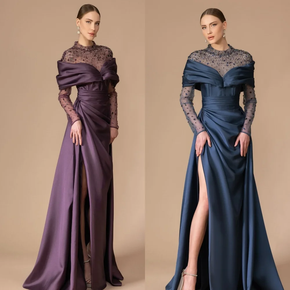 Customized  Evening Satin Rhinestone Draped Celebrity A-line High Collar Bespoke Occasion Gown Long Dresses