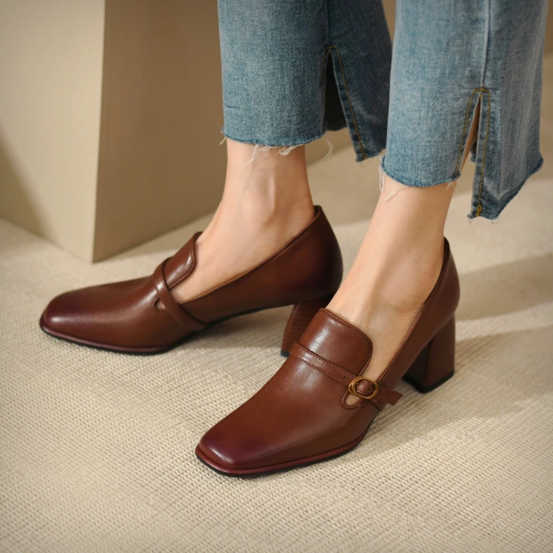 2024 New Spring/Autumn Women Shoes Genuine Leather Shoes Women Pumps SquareToe Thick Heel Solid Women Mary Jane Shoes Heels