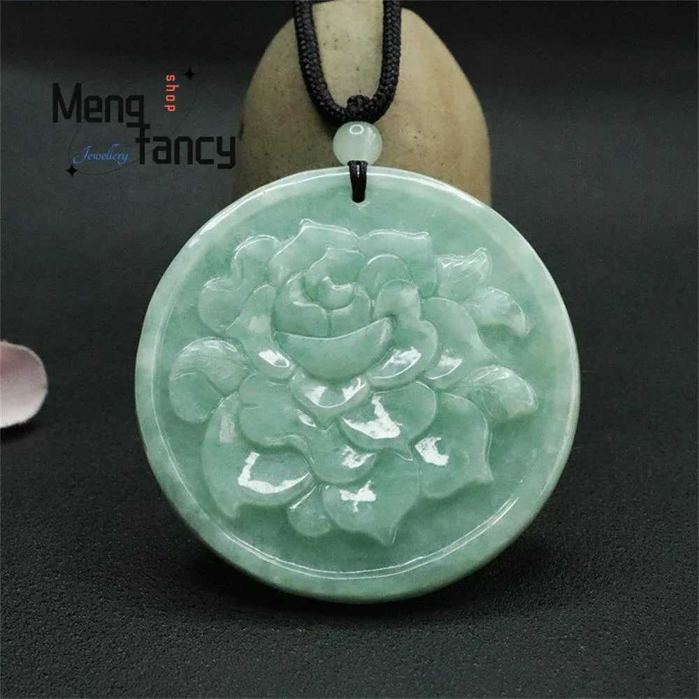 Natural Jadeite Rose Pendant Round Plaque Sweater Exquisite Elegant Charm High-grade Luxury Quality Jewelry Fashion Holiday Gift