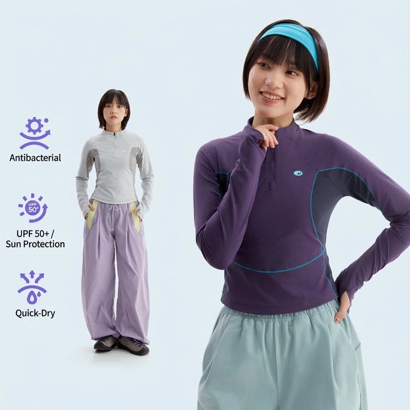 Women's Slim-Fit Half-Zip Long Sleeve T-Shirt – Quick-Dry UV Protection Colorblock Outdoor Sports Top