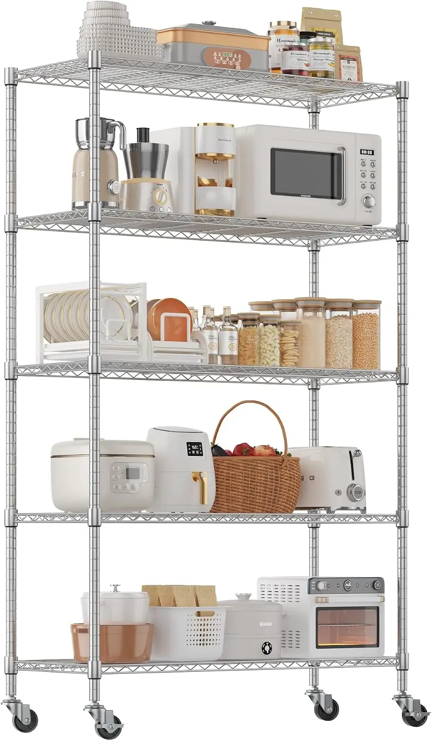 5 Tier Wire Shelving Unit With Wheels Adjustable Metal Storage Shelves Rolling Storage Rack Garage Pantry Kitchen Laundry Room 4