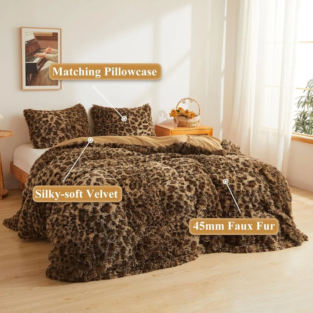Cheetah Print Fluffy Faux Fur Duvet Cover Set, 3 Pieces Soft Plush Shaggy Fuzzy Bedding Set(1 Faux Fur Leopard Print Comforter,