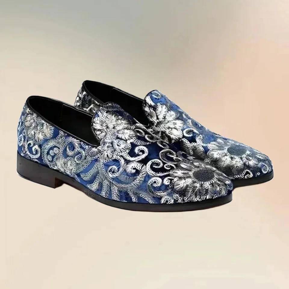 

Silver Sequins Decor Floral Design Loafers Fashion Slip On Men Shoes Luxurious Handcraft Party Banquet Wedding Men Dress Shoes