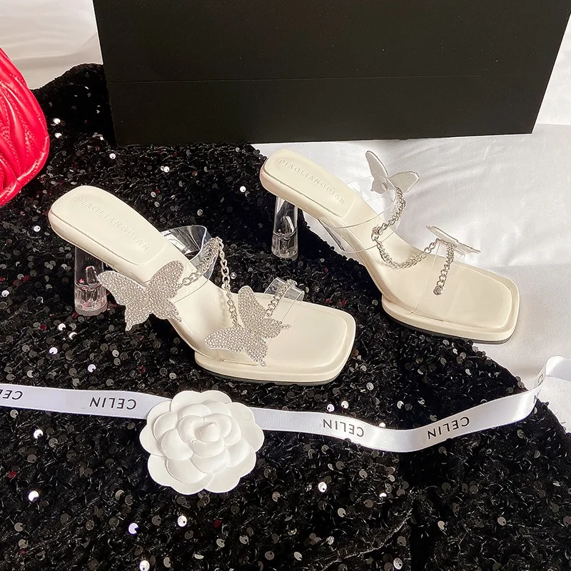 Fashion Glitter Sliding Slippers for Women 2026 Butterfly Fruit Frozen Crystal High Heels Women's Shoes Pantuflas De Mujer