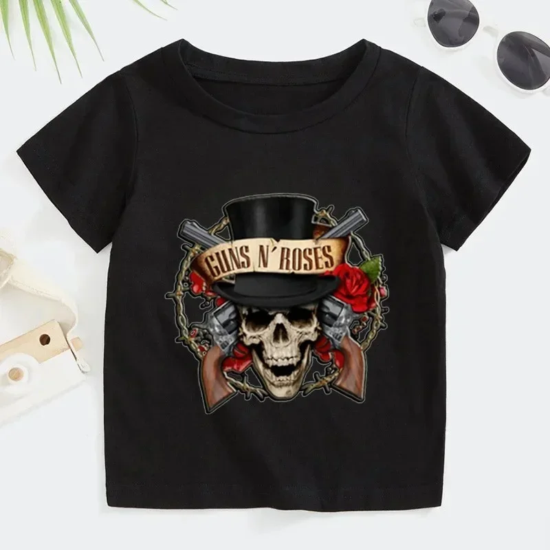 Summer Children\'s T Shirt 2T~14T Rock Band Gun N Roses Boys and Girls Kpop Music Short Sleeve Tops Kids Casual Cotton Clothes