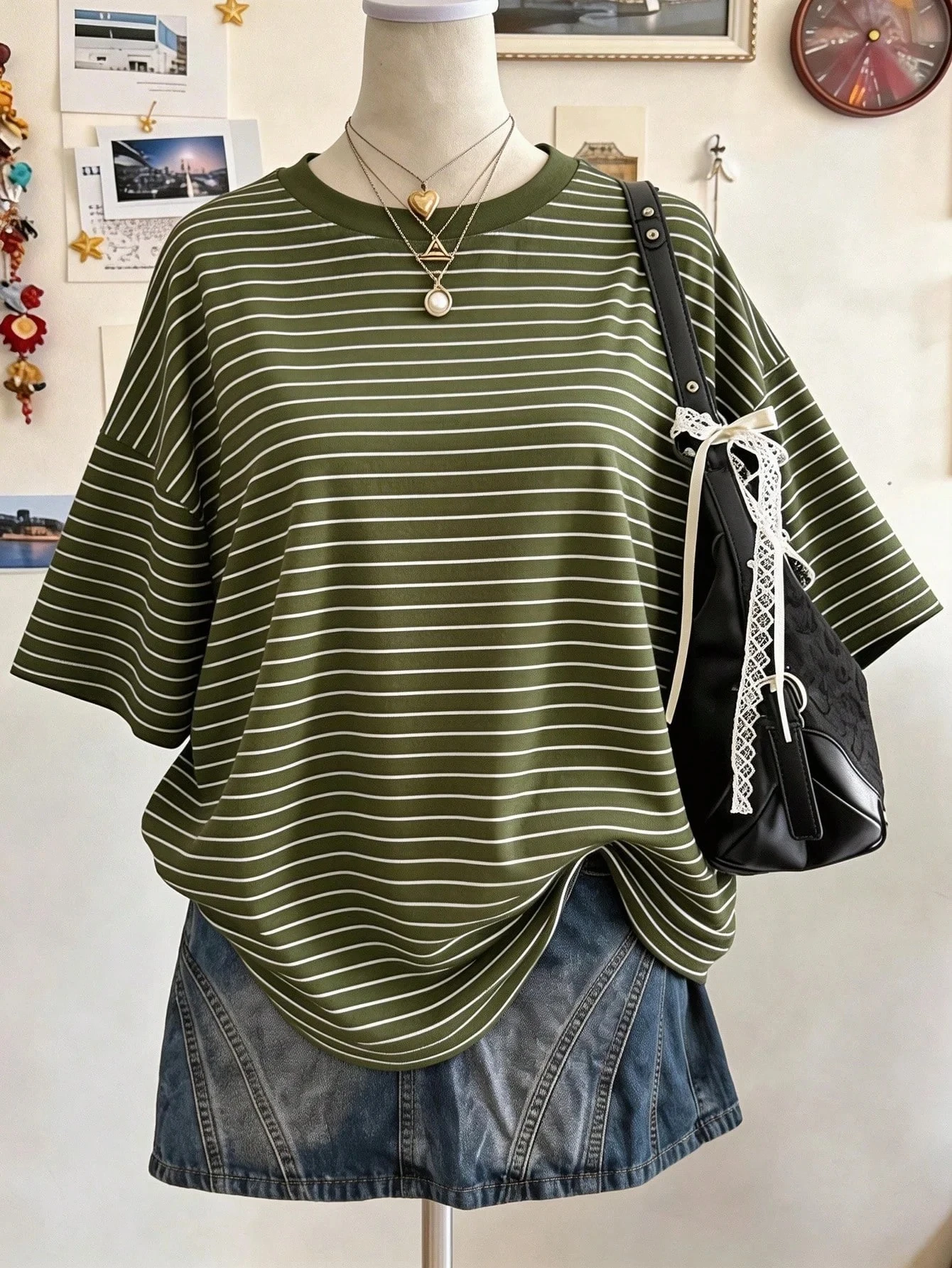 Women's Olive Green Stripe Graphic Print T‑Shirt Crew Neck Oversized Vintage Y2K Summer Daily Beach Short Sleeve Casual Top
