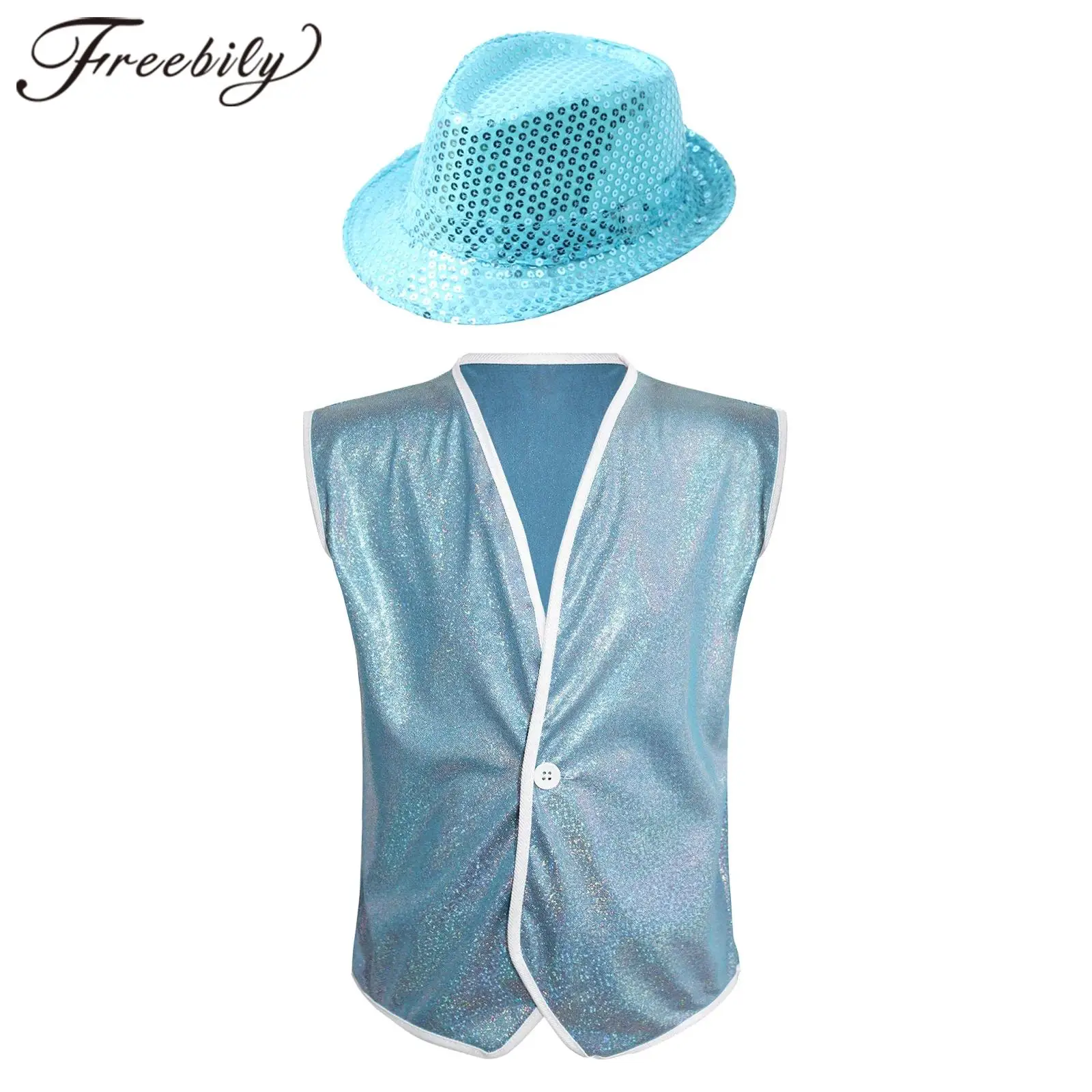 

Kids Boys Girls Modern Jazz Dance Performance Costume Waistcoat Sleeveless Jacket Shiny Vest with Sequins Hat Children's Vests