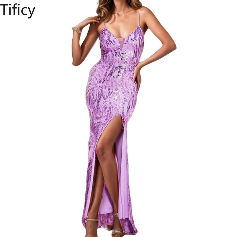 

TIFICY Women's Autumn New Sexy Spicy Girl Sequin Feather Splitting Split Design Sensory Sling Wrap Hip Party Dress