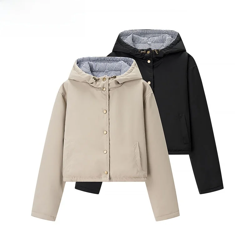 

ZBZR Faionable Casual Cotton Jaet Hooded Double-Sided Wear Women's Outerwear Versatile Sli Autumn New Arrival