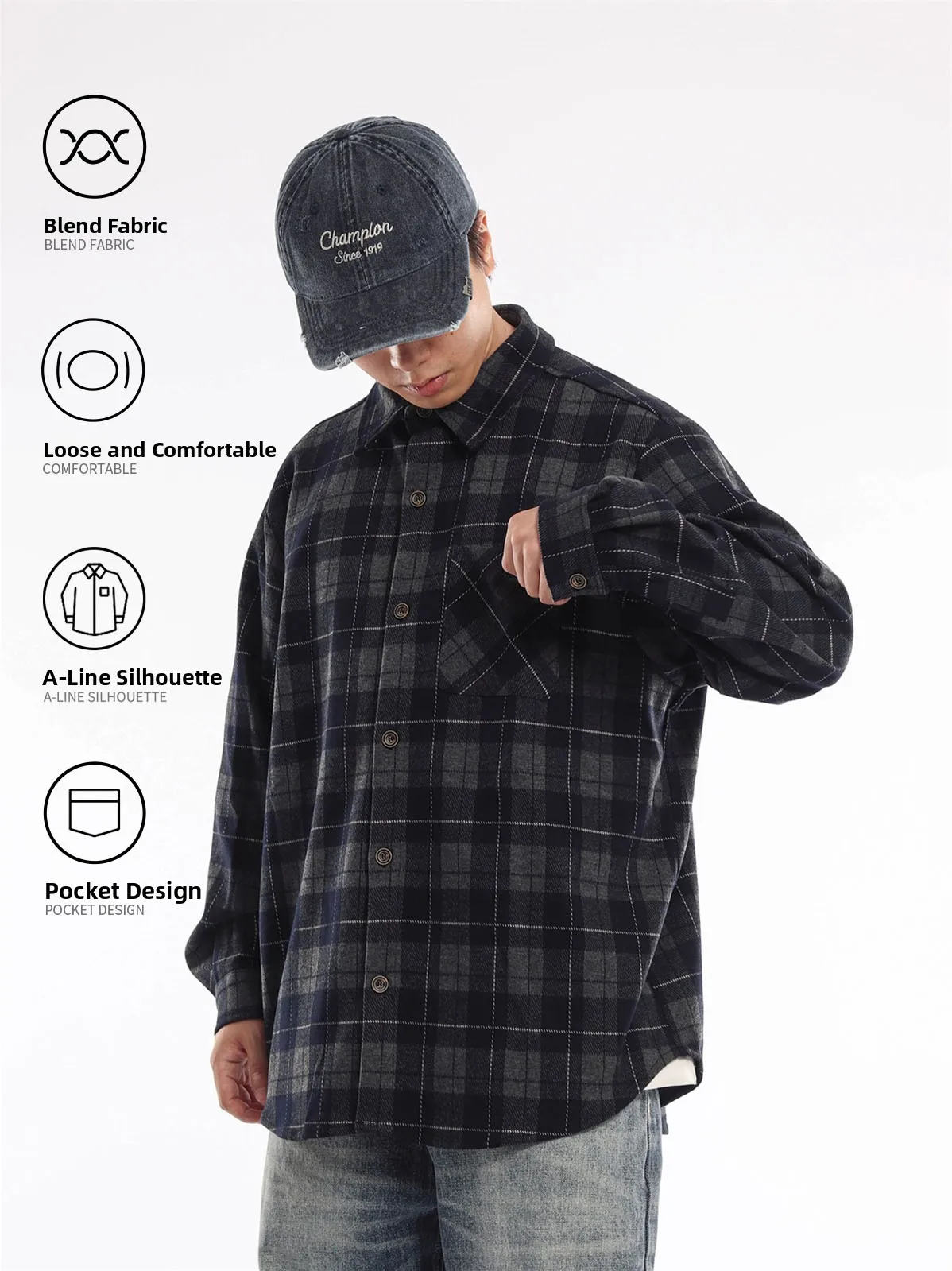 Retro Japanese Style Long Sleeve Fleece Flannel Shirt Men's Autumn Layering Casual Commuting Loose Plaid Shirt City Walk