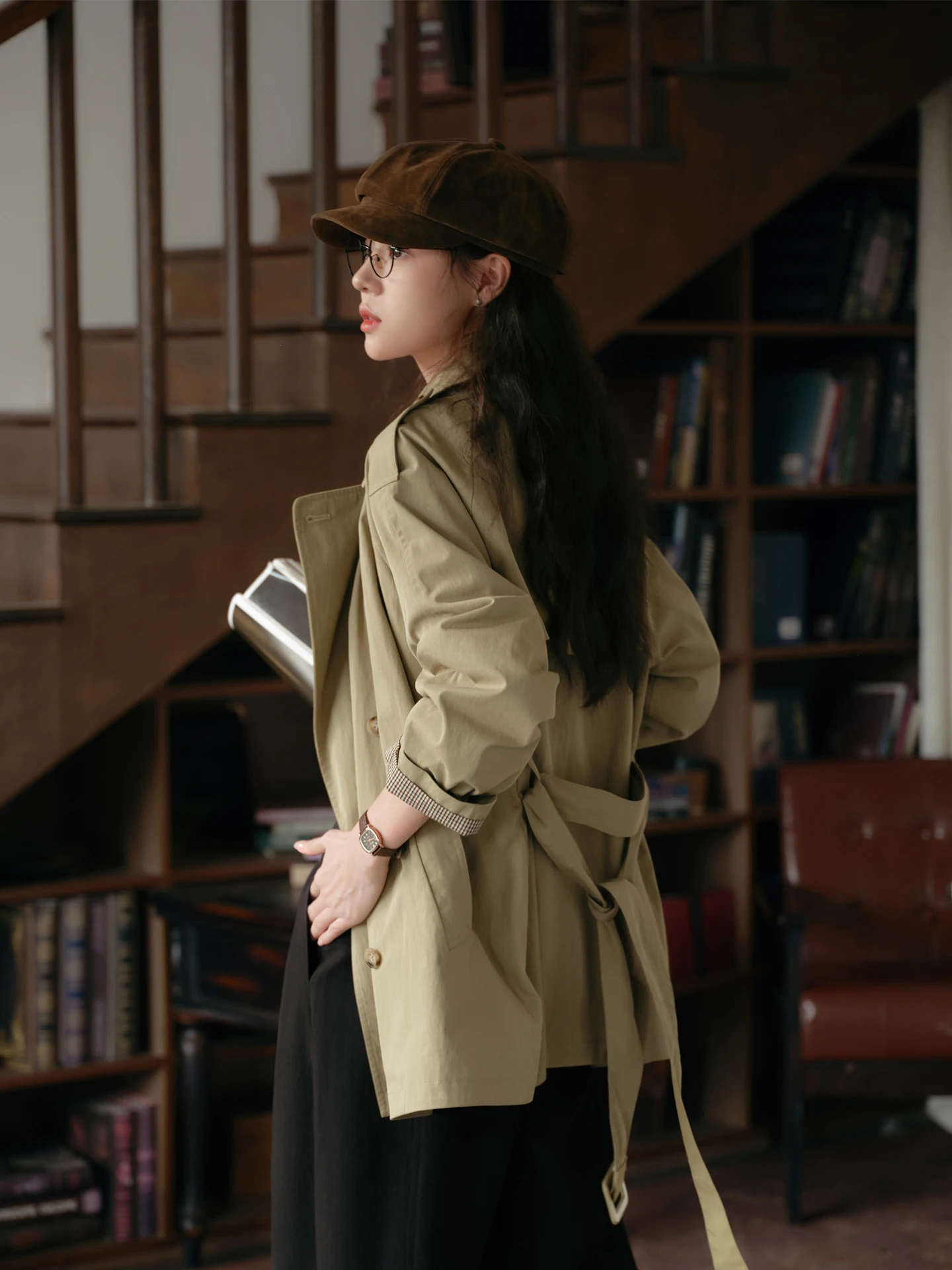 Loose Women's Khaki Coat Double Breasted mid Length Flip Collar Windbreaker Casual Style Cotton Blend Fabric Breathable