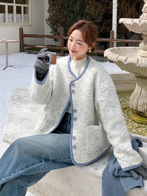 

Теплое шерстяное пальто для женщин в корейском стиле, утепленное, с длинными рукавами, круглым вырезом, на одной пуговице, осенне-зимнее