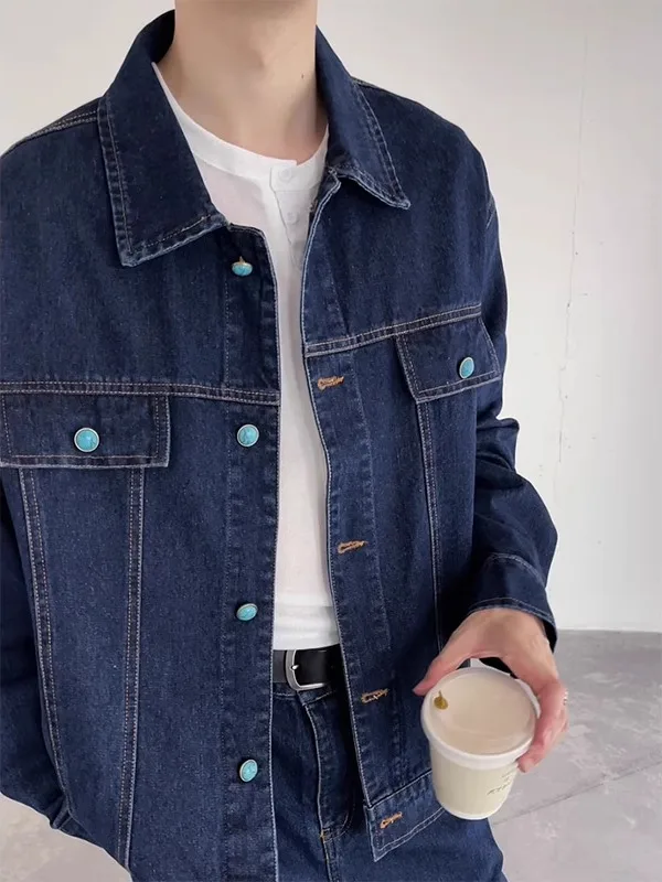 

Мужской модный комплект TANGZ Studio: винтажная джинсовая куртка на пуговицах и брюки, осенний молодежный костюм-двойка с длинными рукавами