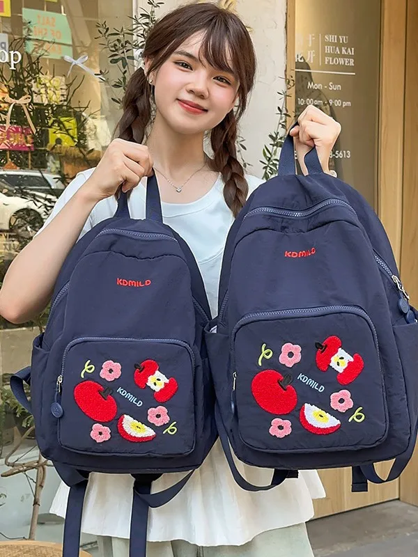 Ins Sweet Fruit Embroidery Backpack Multi Color Light Washed Fabric Bag Casual Commute Girls Campus School Backpack