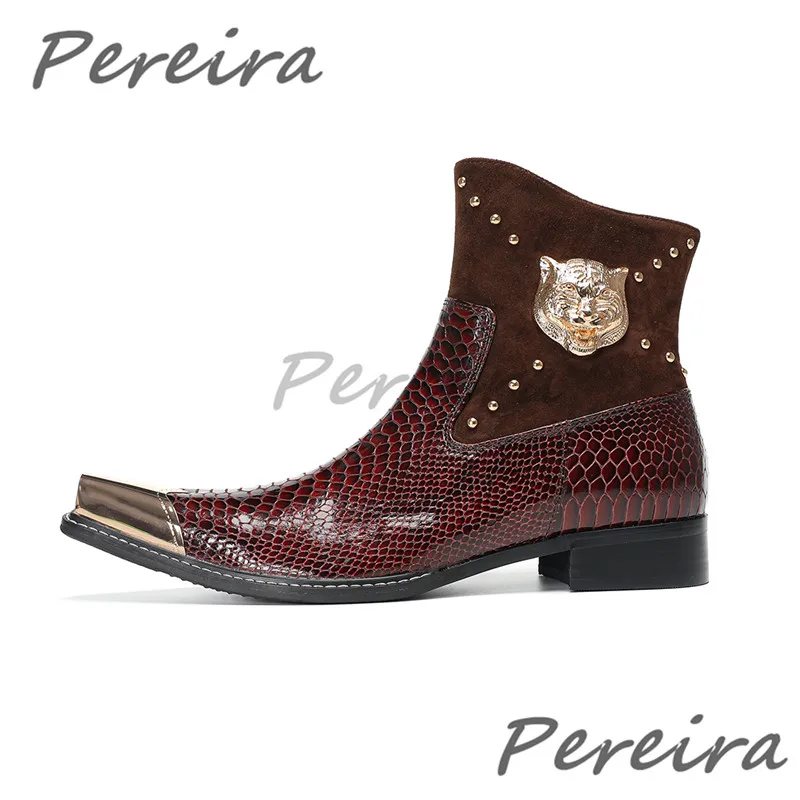 Men's Metal Pointy Toe Chelsea Boots Autumn Winter New Suede Genuine Leather Patchwork Short Boots Trendy Business Dress Shoes