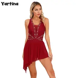 Womens Cross Back Ballet Jersey Dress Glittery Rhinestone Gymnatics Sleeveless Dresses Figure Skating Dance Performance Costumes