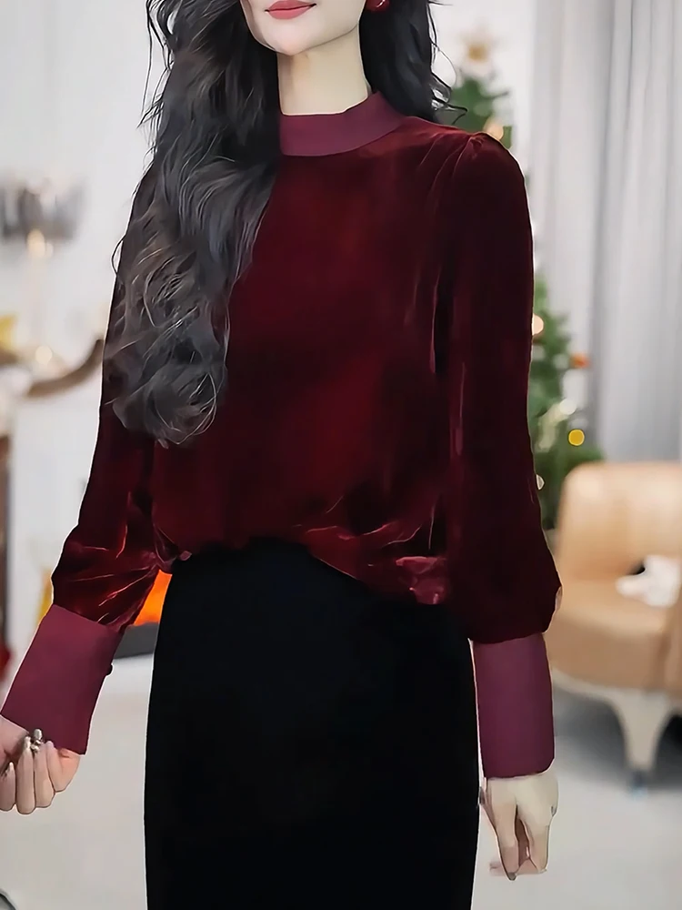 

Ele Velvet irt f High Collar Women's Faion plus Size Slimming Top French Sle Regular Sve Other Material