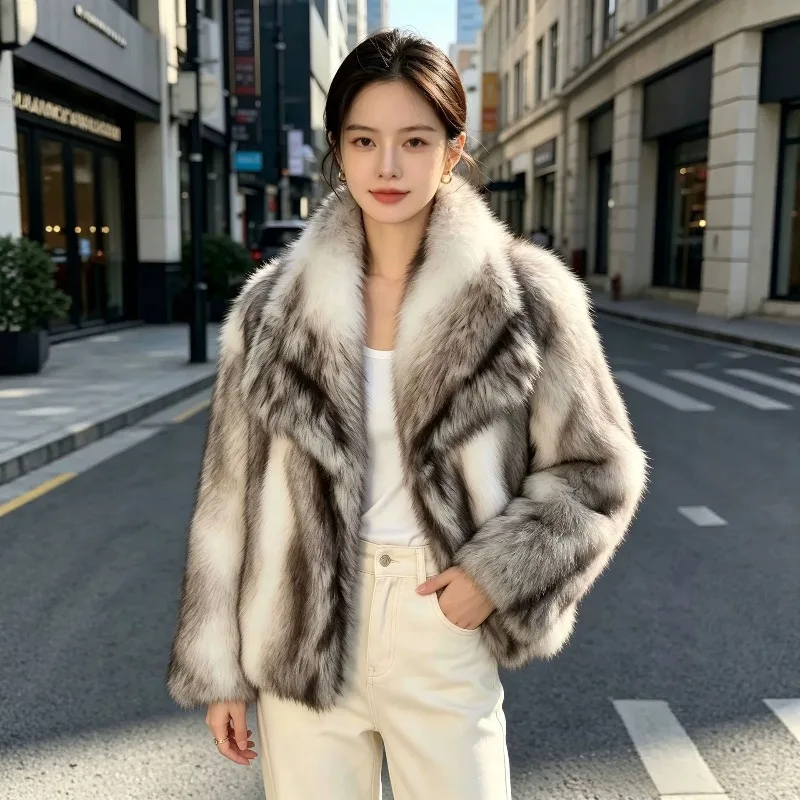 European and American Fur Large Lapel Artificial Fur Jacket Short Fashion Fox Fur Jacket Fluffy Plush Commuting Women's Clothing