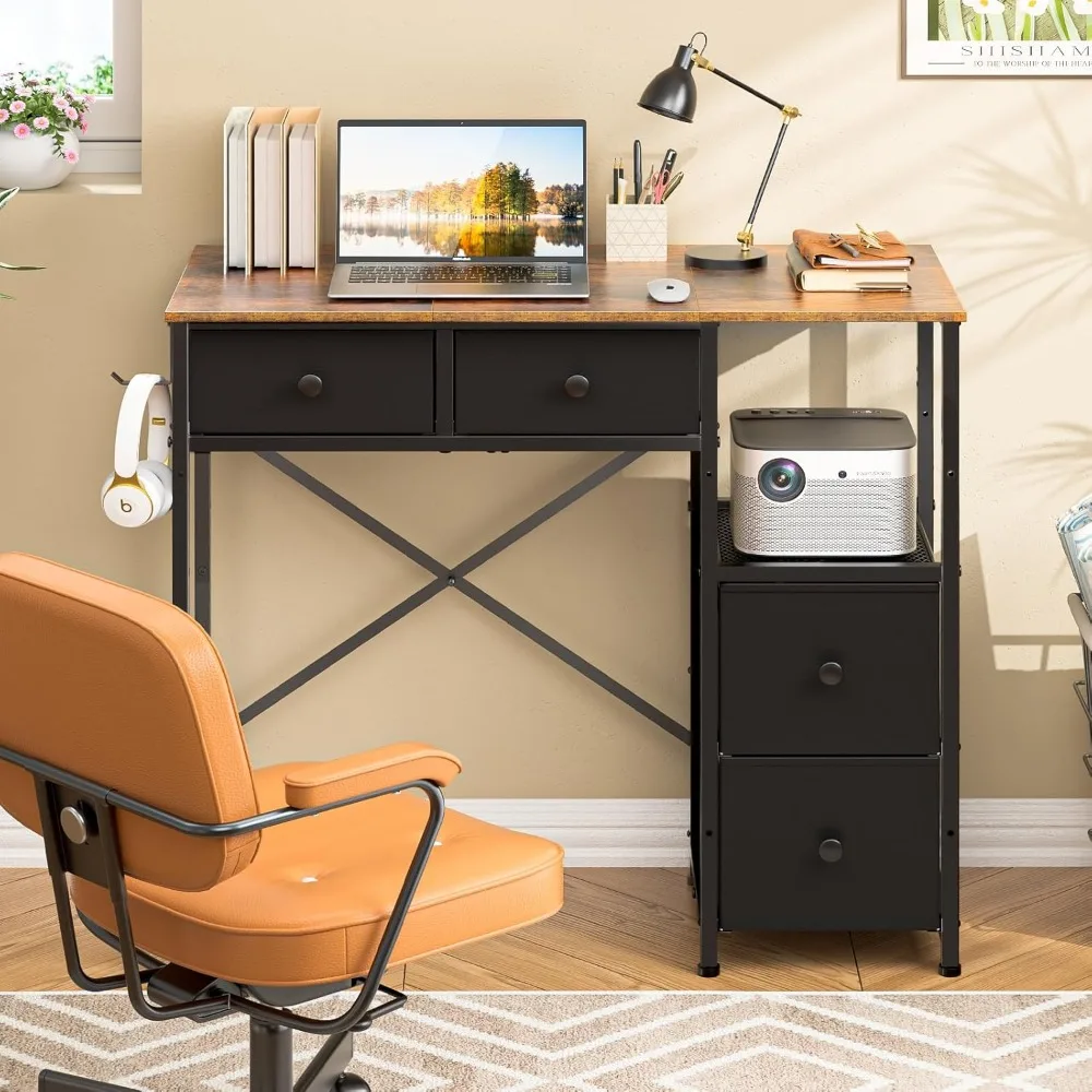 

Small Computer Desk with 4 Fabric Drawers, Simple Writing Desk for Home Office, Compact Study Desks for Small Spaces, Kids Desk
