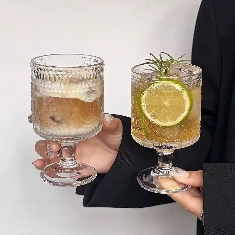 

Retro Sunflower Relief Glass Cup High Footed Drink Glass Juice Water Cold Drink Cup Ins Style Beverage Cup Heat Resistant Glass