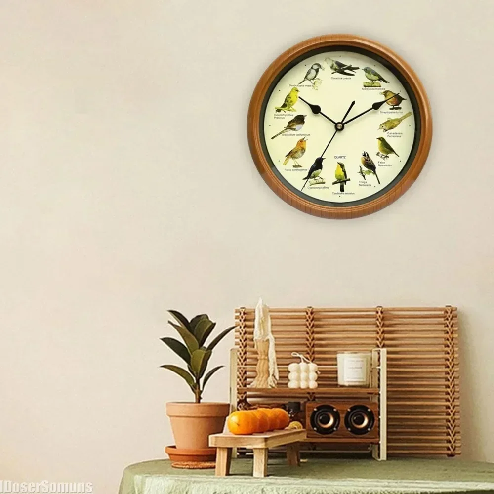 Reloj Musical con diseño de pájaros para colgar en la pared, decoración con sonido, marco verde, melodía para dormitorio y oficina