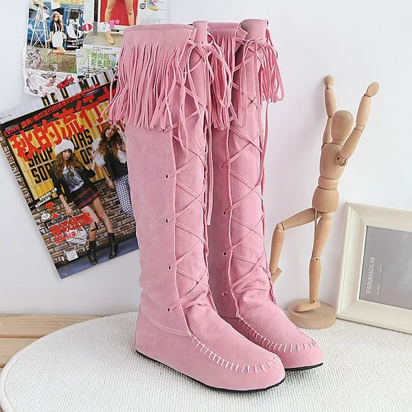 Women Boots Over Knee  Shoes Round Toe Over-the-Knee Low Large Size Ladies Rubber Fabric Flock Square heel Lace-Up PU Slip-On So