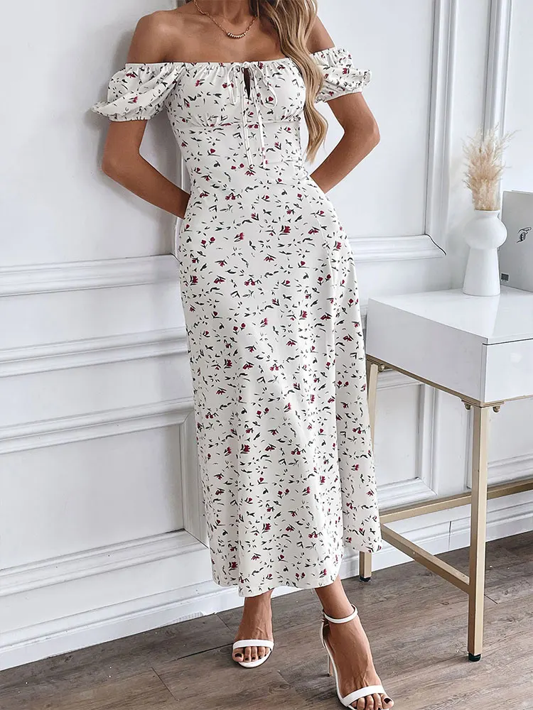 Summer Women's Dresses New Fashion Print Short Sleeve Split Casual Slim Dress Club Party Elegant Lady Hollow Out Dress Clothing