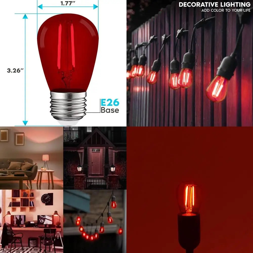 Pacote com 12 lâmpadas LED vermelhas de 0,5 W para luzes de corda externas/internas, base E26, ideais para decorações e feriados