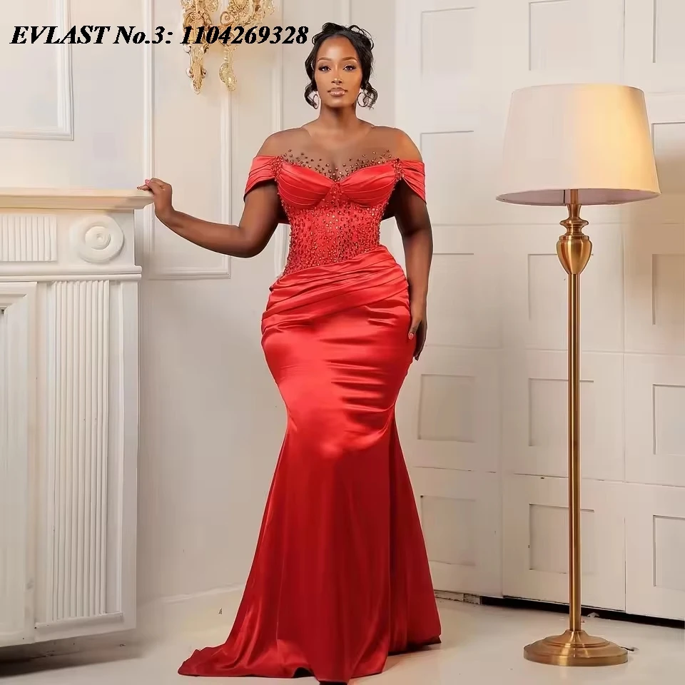 

EVLAST Customized Aso Ebi Red Mermaid Prom Dress African Nigerian Crystal Beaded Formal Party Evening Gown Robe De Soirée E3P408