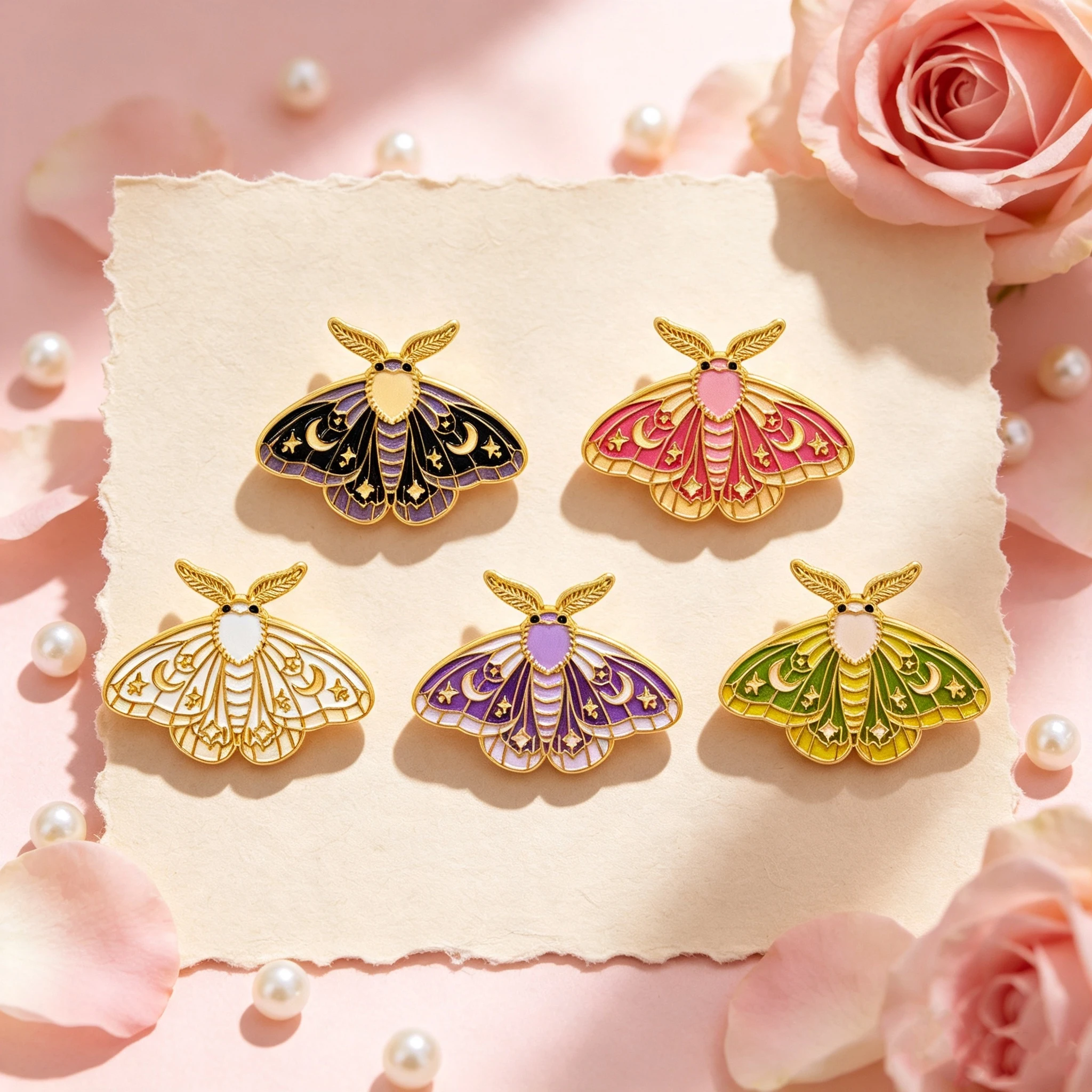 5pcs Vintage Star Moon Moth Enamel Pin Set Pink Insect Brooches Woman Men Backpack Accessories Bags Badge Lapel Jewelry Gifts