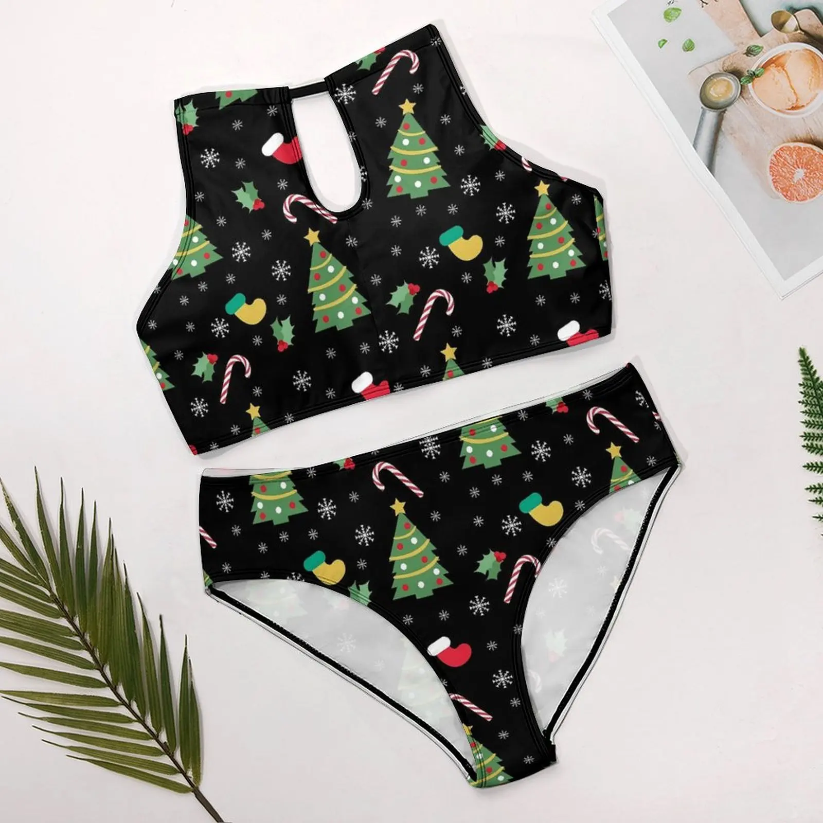 Baju renang Bikini cetak Natal Set Bikini leher tinggi pohon hijau pakaian renang seksi bergaya 2 potong pakaian pantai Rave kustom