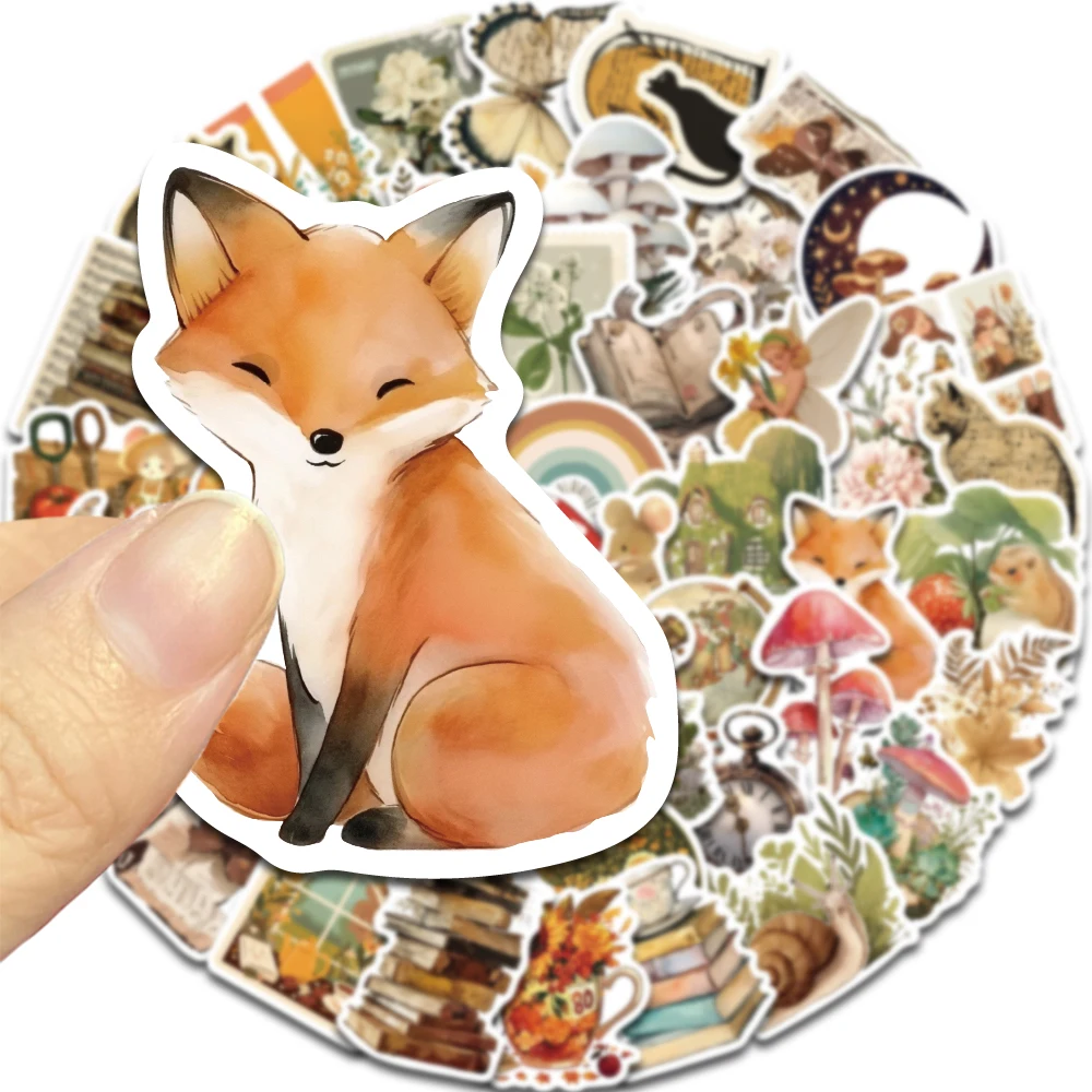 50PCS Retro and Warm Countryside Animal Objects Cartoon Stickers Waterproof PVC Art Decoration Scrapbook Laptop Guitar Luggage