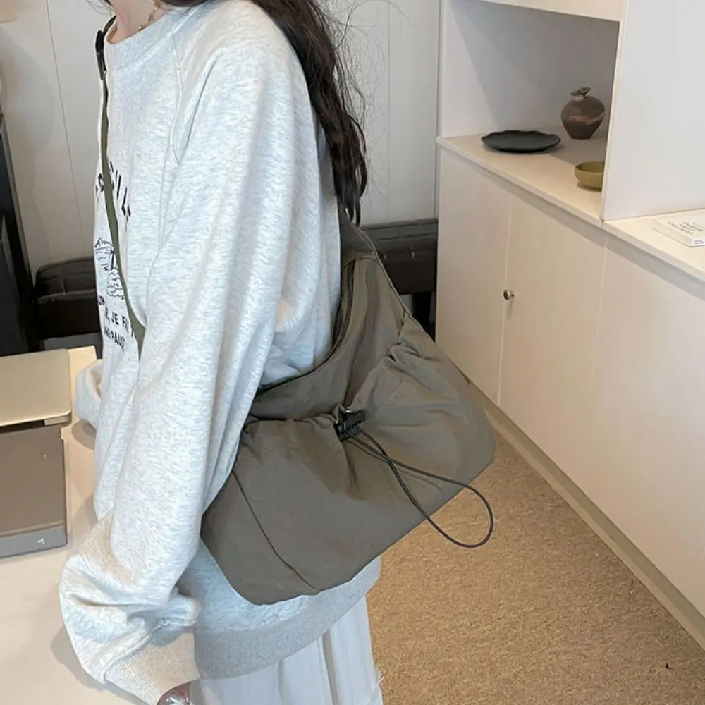 Solid Color Nylon Shoulder Bag Nylon Korean Style Drawstring Bucket Bag Tote Bag Adjustable Shoulder Straps Canvas Crossbody Bag