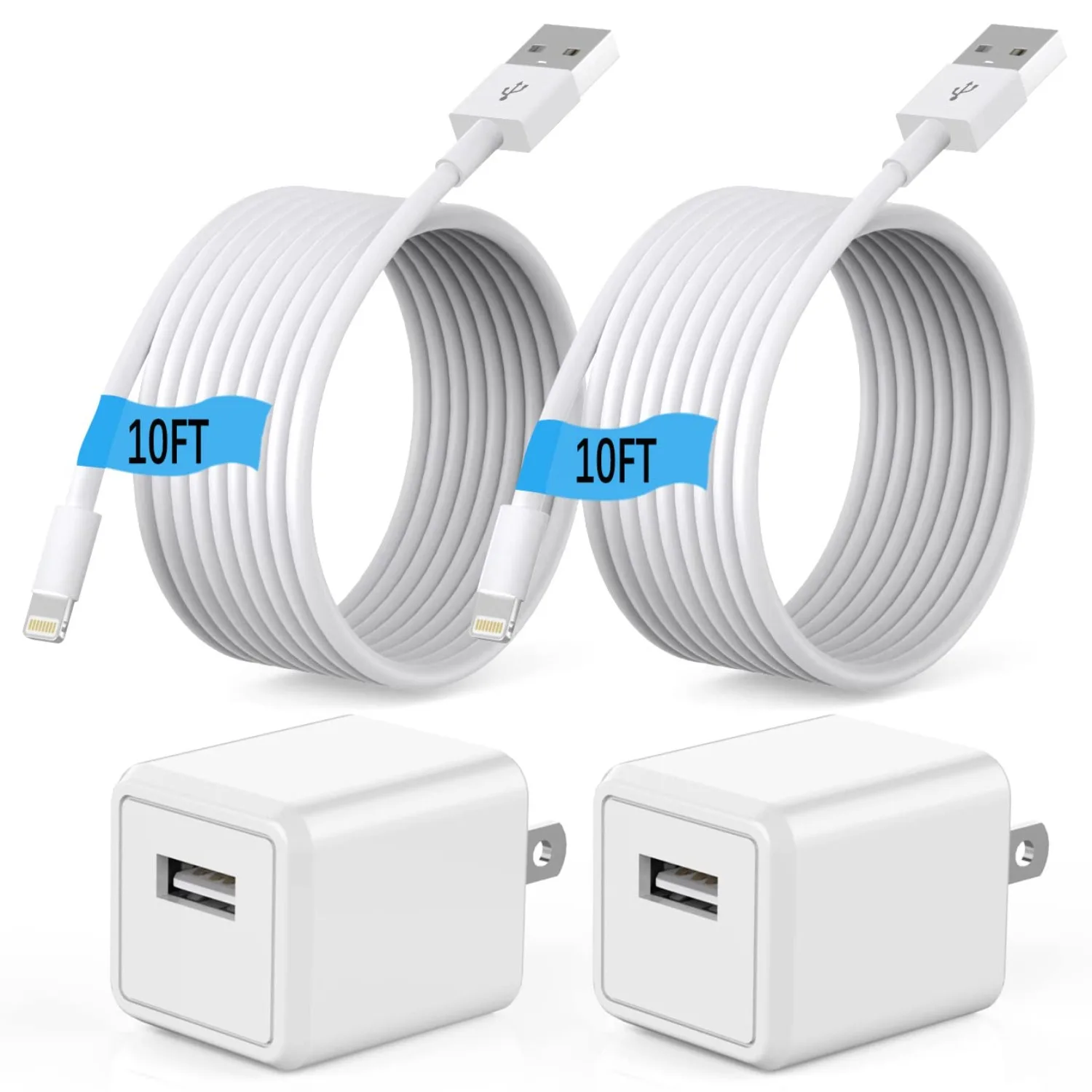 2Pack 10Ft Long Fast Charging Lightning Cord Cable With USB Wall Charger for iPhone 14/13/12 Mini/11 Pro Max/10/XS/XR/X/8/7,iPad