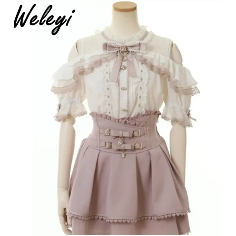 Cute Jirai Kei Lolita Plaid Skirt Women\'s 2024 Summer New Sweet Mine Series Mass Production High Waist Elastic Bow Belted Skirts