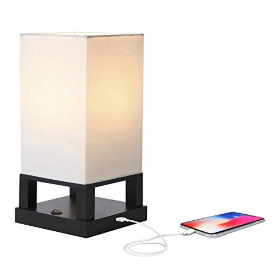 Maxwell Bedside Lamp with USB Port Compact Table Lamp for Bedroom, Living Room - Modern Asian Nightstand Lamp with Wood Frame -