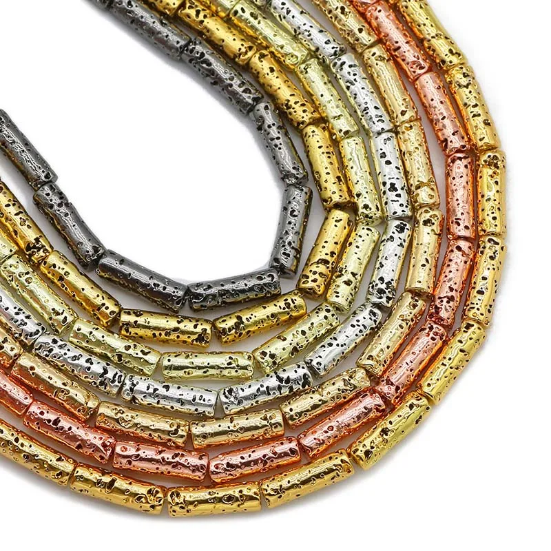 13x4mm Długi cylinder Lava Natural Stone Rose Gold Color Plated Bronze Round Spacer Loose Beads For Jewelry Making Diy Bracelets