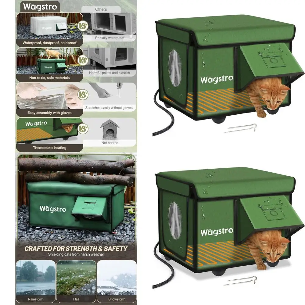 

Водонепроницаемый уличный кошачий домик с подогревом, тентом и дверью для побега для ферлов - зеленый, 16,5x12,6x12,6
