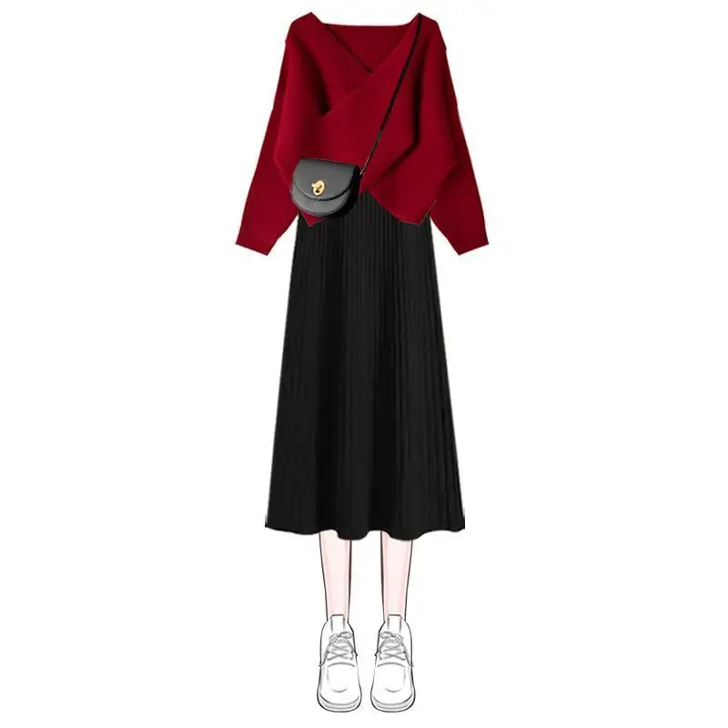 

Casual Two Piece Set Women Outfit Autumn Warm Long Sleeve Sweater & Fashion New Strapless Skirt Set