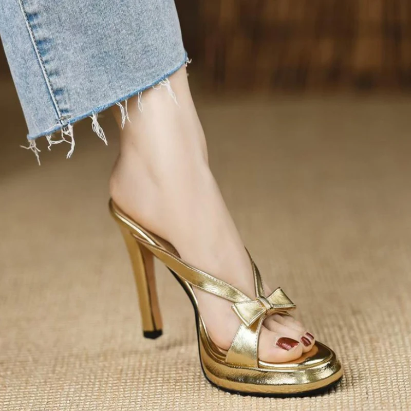 

Женские туфли-мюли на платформе с бантом, на высоком каблуке, летние, 2026, люксовый бренд, элегантные туфли-лодочки на массивной подошве, сандалии для женщин