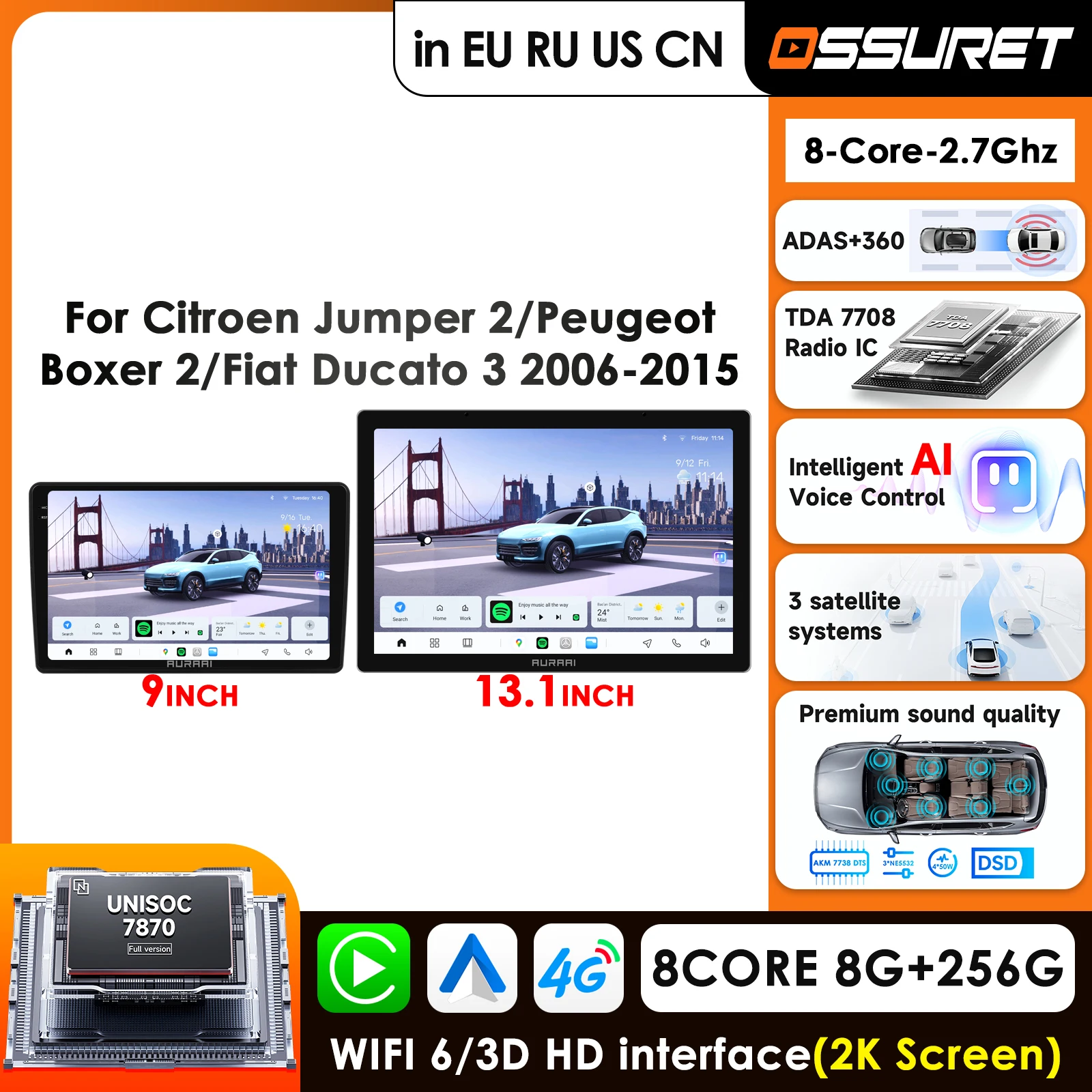 

13.1" 2K Screen 4G Carplay Android Auto Car Radio For Fiat Ducato Peugeot Boxer 2 Citroen Jumper 2 2006-2015 Navigation GPS RDS