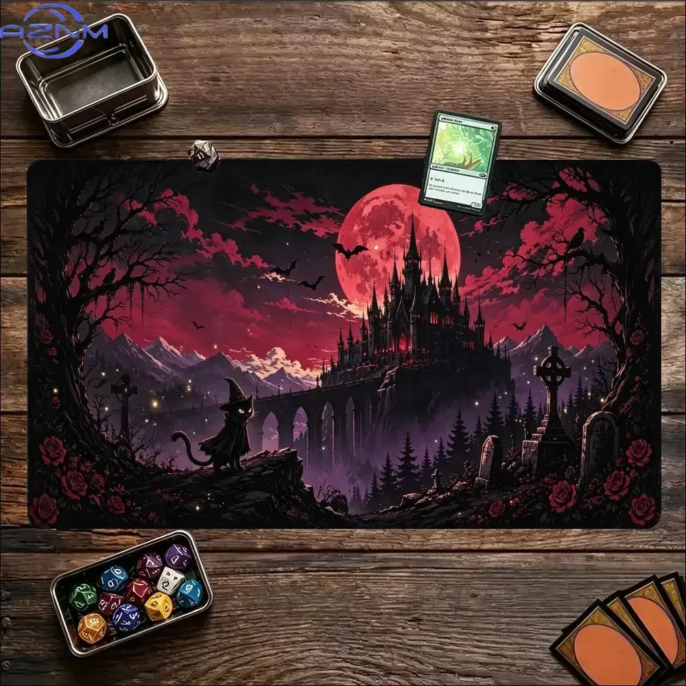 Black Cat Witch Blood Moon Castle Graveyard Bat Fantasy Large Gaming Playmat Non Slip Rubber Base XXL Desk Mat for Horror Fan
