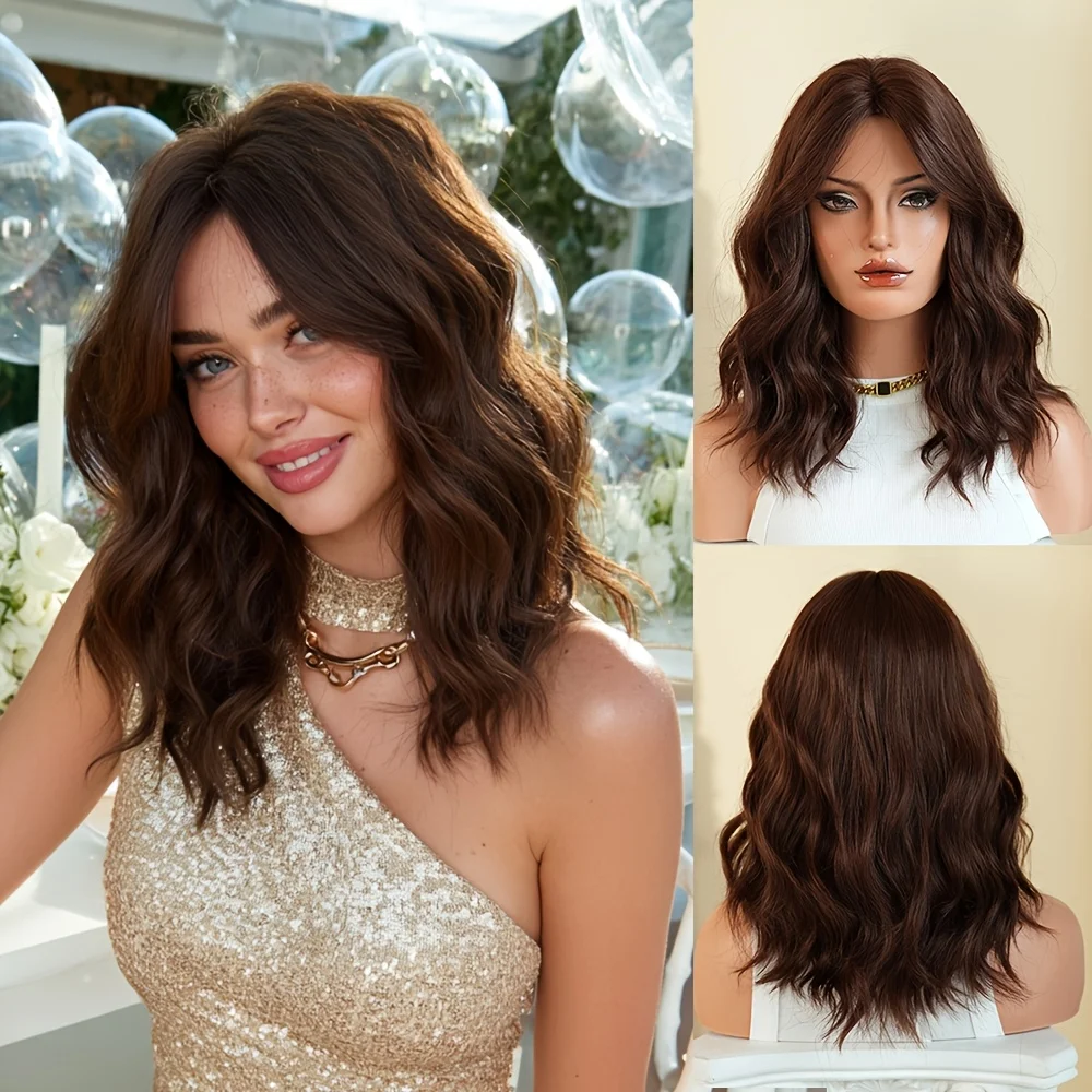 Women use medium and long water ripple mocha brown wigs every day, simple and fashionable, synthetic layered heat-resistant fibe
