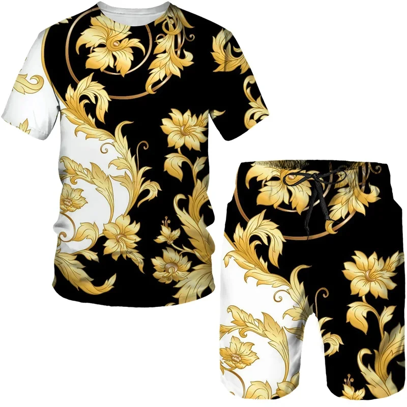 2025 Summer New Luxury Gold Printed 3D Men's and Women's T-shirt Shorts Set Retro Baroque Pattern Two Piece Set