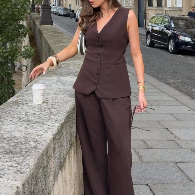 

2025 Summer New Women's Button Solid Color Wide Leg Pants Style Commuting Fashion Set