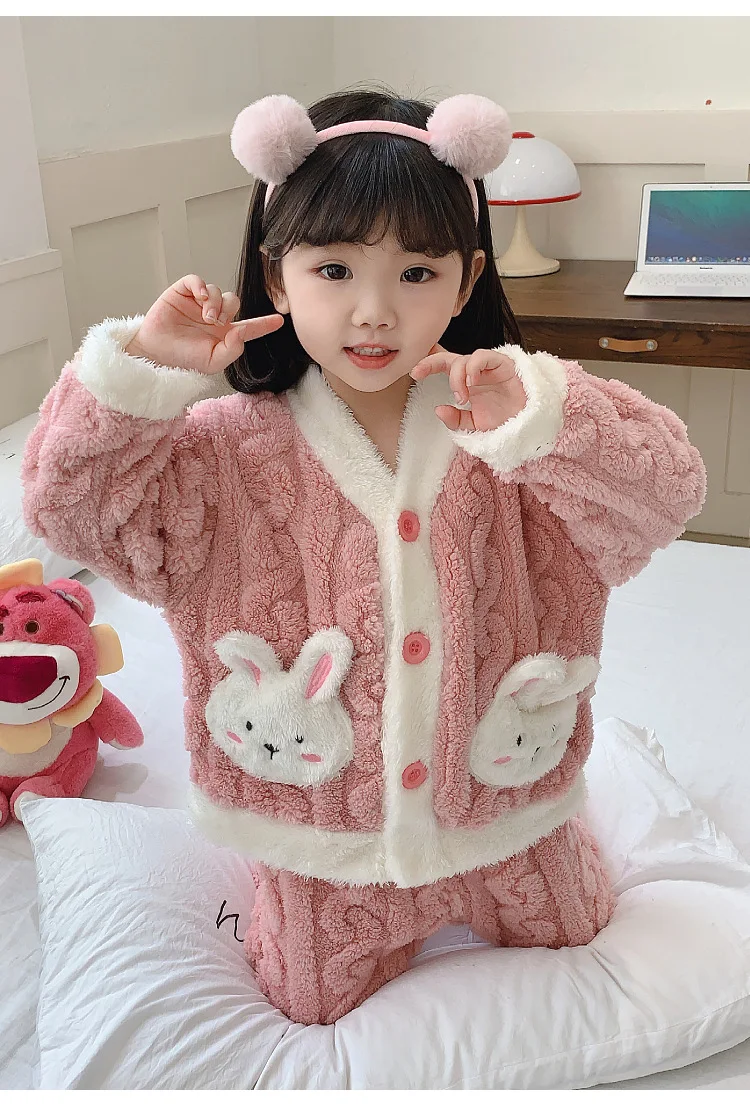 Herbst-Winter-Kleinkind-Mädchen-Flanell-Pyjama-Sets Kinder Süßer Hase Verdickte Warme Strickjacke+Hose 2-teiliges Baby-Loungewear-Outfit – Detail 6